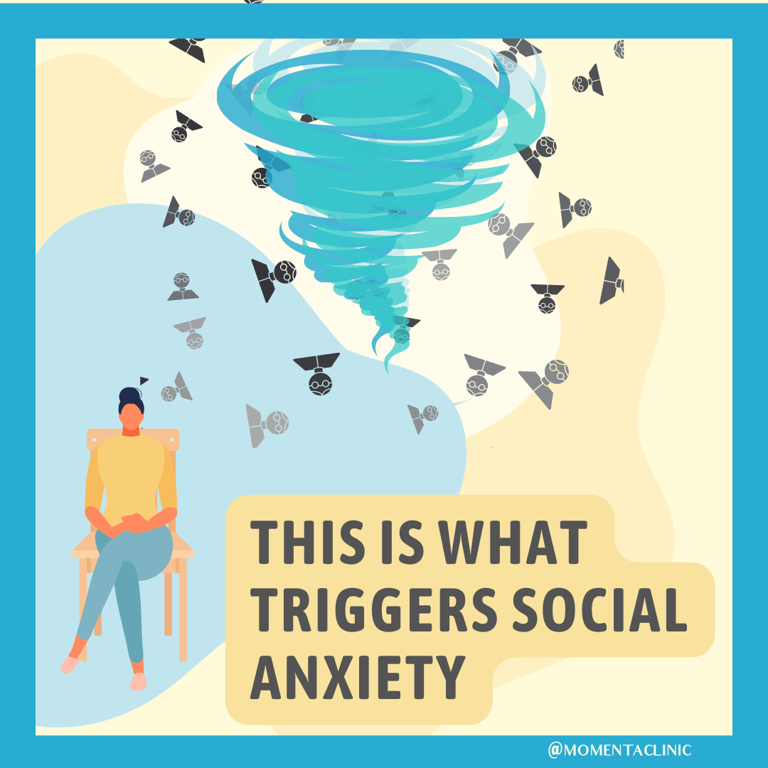 Illustration of a brown woman sitting on a chair with a tornado and storm depicted with head icons floating in the background. The words "This is What Triggers Social Anxiety" are written in the bottom right hand corner