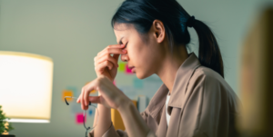 asian woman with a pony tail touches her closed eyes with her fingers after taking her glasses off